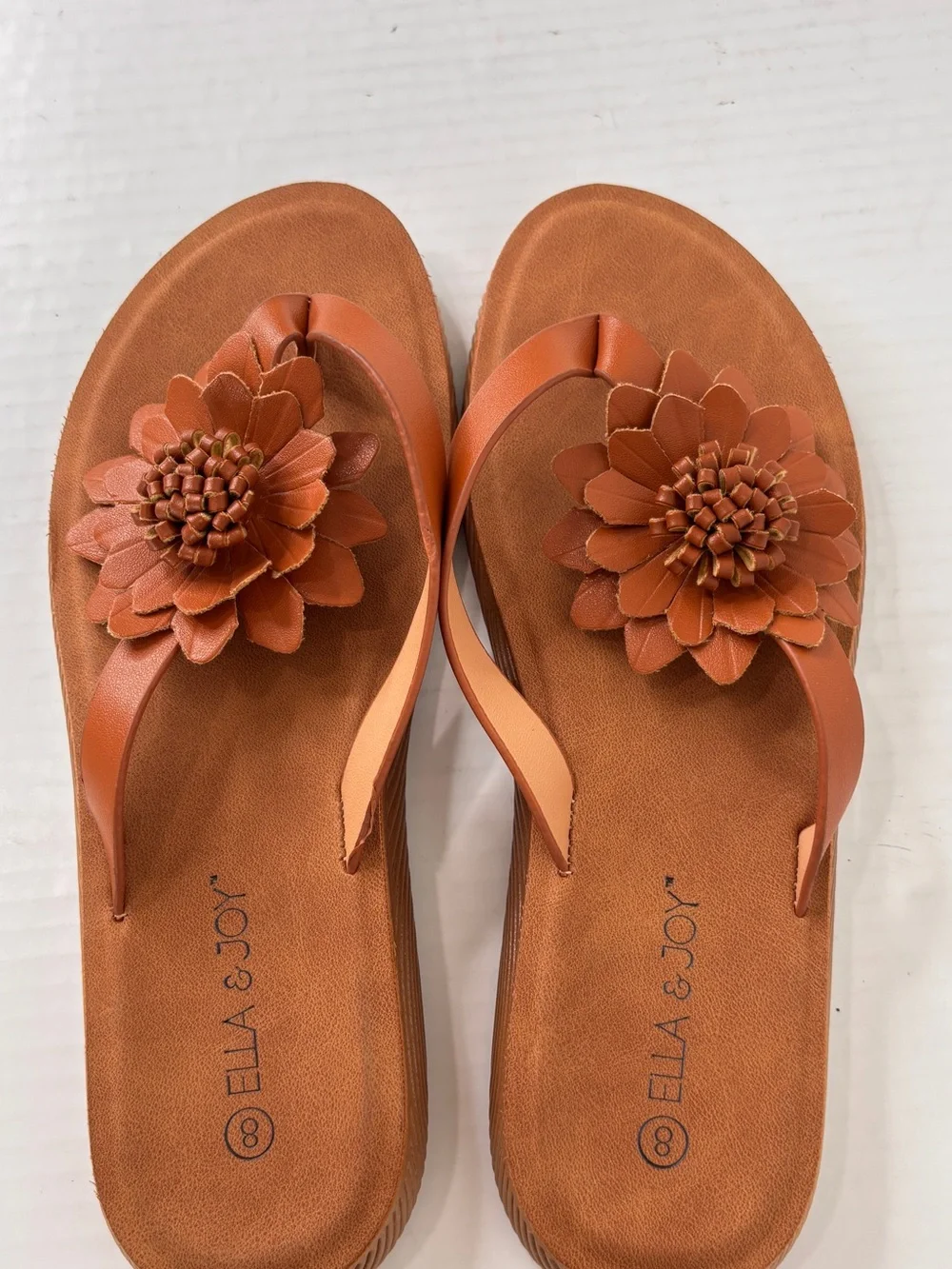 Ella & Joy flip flops Size 8 Leather Like Floral Embellishment Tan Brown New!
